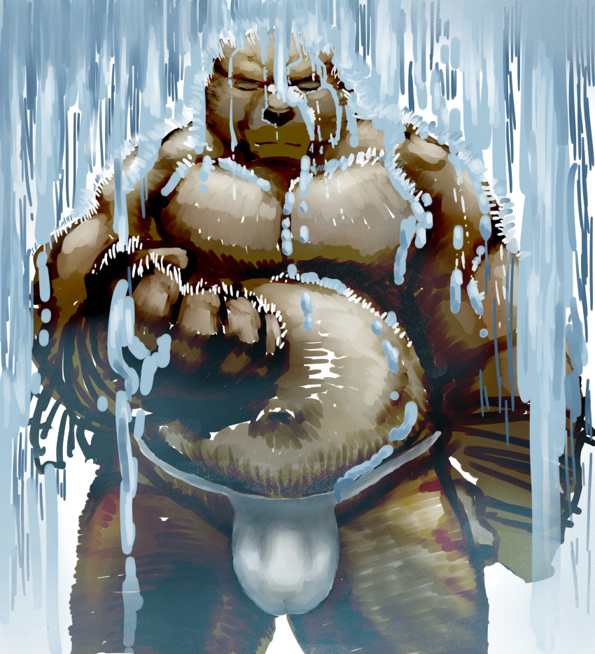 2022 anthro asian_clothing belly big_belly brown_body bulge closed_eyes clothing east_asian_clothing fundoshi hi_res japanese_clothing kakukaku kemono male mammal overweight overweight_male solo underwear ursid waterfall waterfall_shower white_clothing white_fundoshi white_underwear