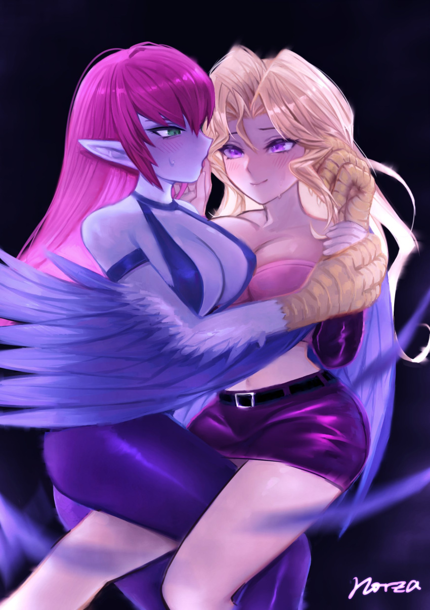 2022 2girls artist_signature blonde_hair breasts cleavage clothed clothed_female female female_only harpie_lady hips human human_female interspecies large_breasts long_hair mai_valentine monster monster_girl norza red_hair slim_waist thick_thighs thighs wide_hips yu-gi-oh! yuri