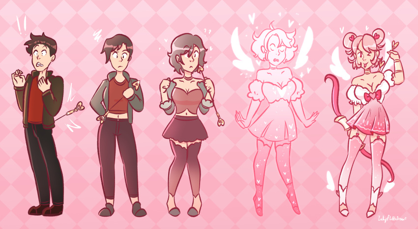 !! 1boy 1girls ;p ?? arrow arrow_in_ass black_eyes bow_(weapon) brown_hair checkered_background cupid's_arrow eye_color_change female gender_transformation hair_buns hair_color_change heart highres identity_death inkyfluffdraws magical_girl male mtf_transformation pink_eyes pink_hair rule_63 solo tagme tongue tongue_out transformation winking