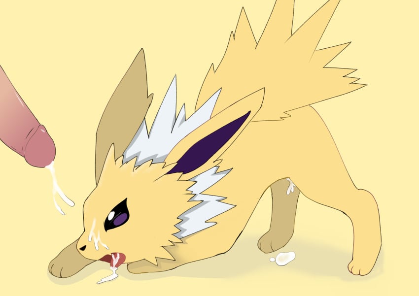 after_sex ahkin ass_up bodily_fluids cum cum_in_mouth cum_inside cum_on_face cum_on_ground cum_on_tongue disembodied_penis duo eeveelution female female_focus feral genital_fluids genitals humanoid_genitalia humanoid_penis jolteon male male/female nintendo open_mouth penis pokémon_(species) pokemon simple_background tongue tongue_out video_games