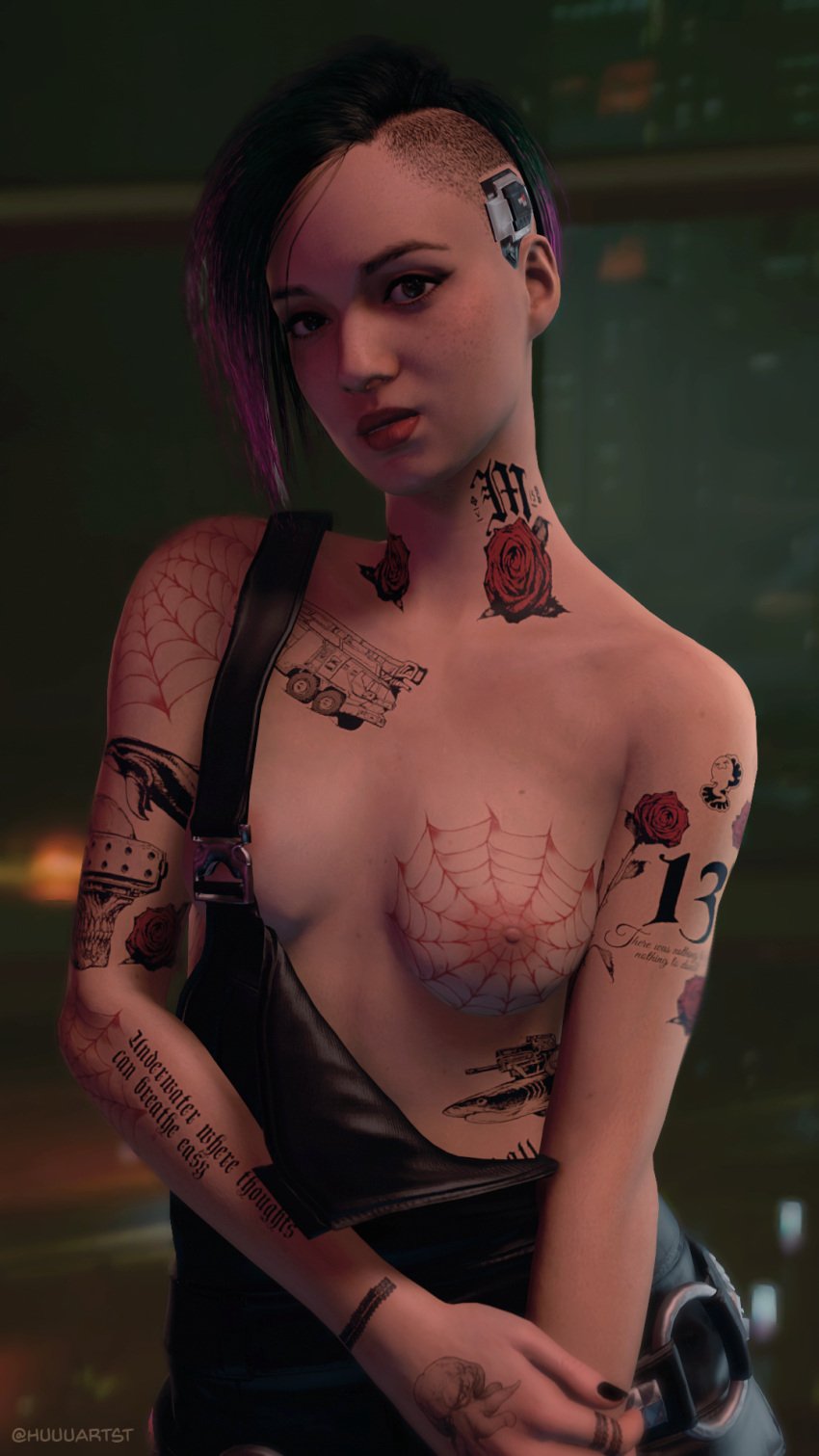 1girls 3d cd_projekt_red cute cyberpunk cyberpunk_2077 female female_only huuu judy_alvarez looking_at_viewer one_breast_out partially_clothed solo solo_female source_filmmaker tattoos topless_female