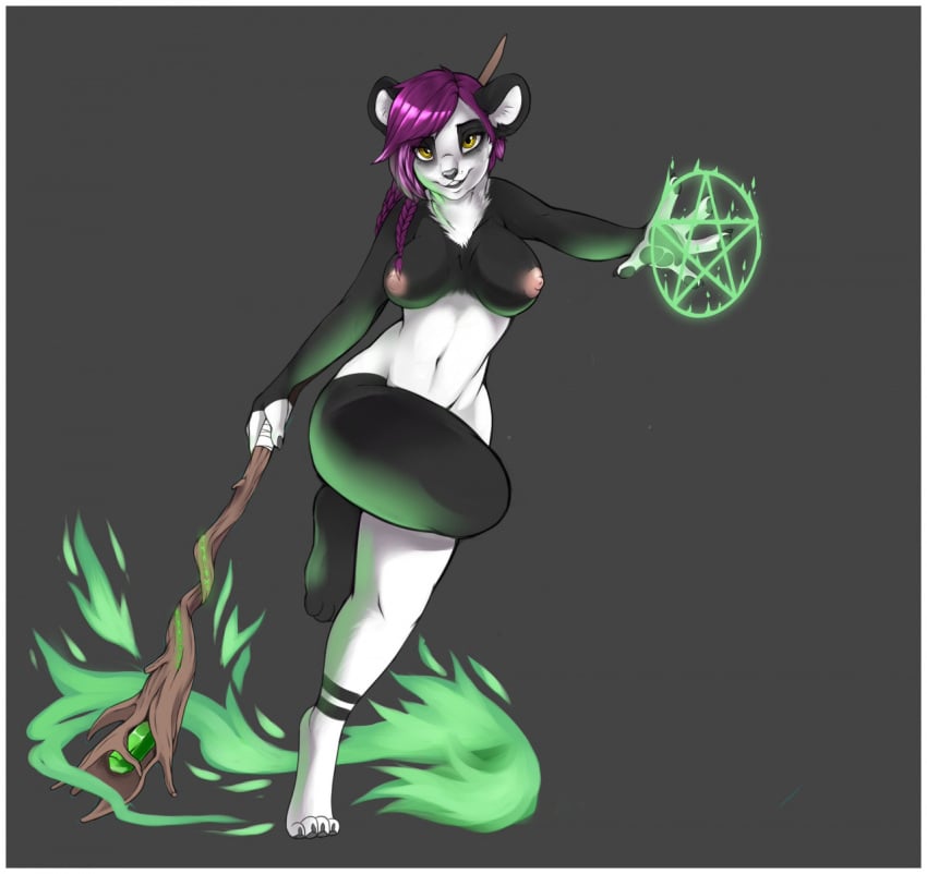 action_pose anthro breasts female giant_panda hair hi_res looking_at_viewer magic_staff magic_user mammal mocha-wing nipples nude one_leg_up pentagram pose purple_hair raised_leg solo ursid witch