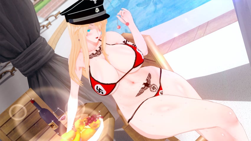 3d artoria_pendragon artoria_pendragon_(lancer) big_breasts bikini bleachedartoria blonde_hair blue_eyes fate/grand_order fate_(series) flag_print hat koikatsu lipstick nazi self_upload swastika tattoo thick_thighs wide_hips