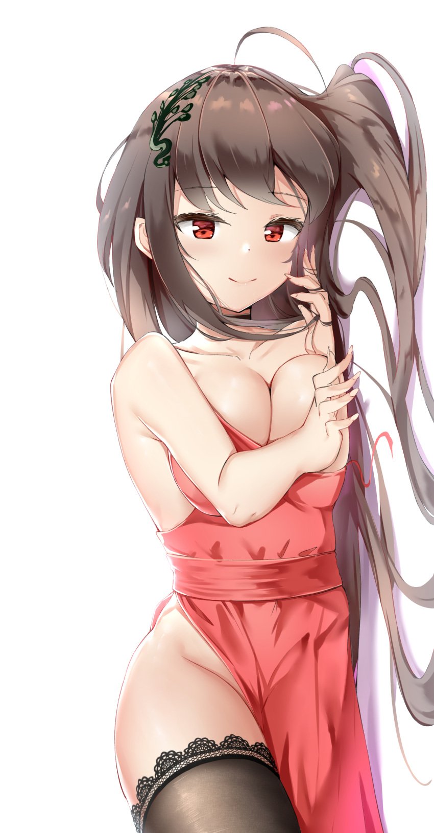 absurdres alternate_breast_size alternate_hair_length alternate_hairstyle azur_lane bangs bare_shoulders black_legwear breasts brown_hair choker cleavage cocktail_dress cosplay dress eyebrows_visible_through_hair female fusion hair_ornament hands_on_ground highres holding holding_hair kantai_collection large_breasts leaning long_hair looking_at_viewer lying namesake on_side red_dress red_eyes sagirihimesama sideways smile taihou_(azur_lane)_(cosplay) taihou_(forbidden_feast)_(azur_lane) taihou_(kantai_collection) thigh_gap thighhighs thighs