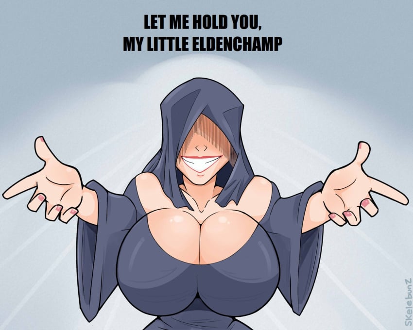 1girls big_breasts cleavage elden_ring female female_only fia_the_deathbed_companion fromsoftware hug_invitation imminent_hug meme my_little_pogchamp_(meme) skelebunz underwear