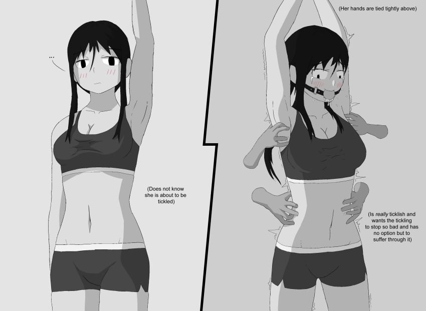 armpit_peek armpits big_breasts black_eyes black_hair crying disembodied_hand disembodied_hands dubious_consent gag gagged grey_body grey_skin greyscale long_hair majime_98899 midriff navel original original_character panels smooth_skin sports_bra sportswear text thighs tickle_fetish tickle_torture tickling trembling tummy wide_eyed