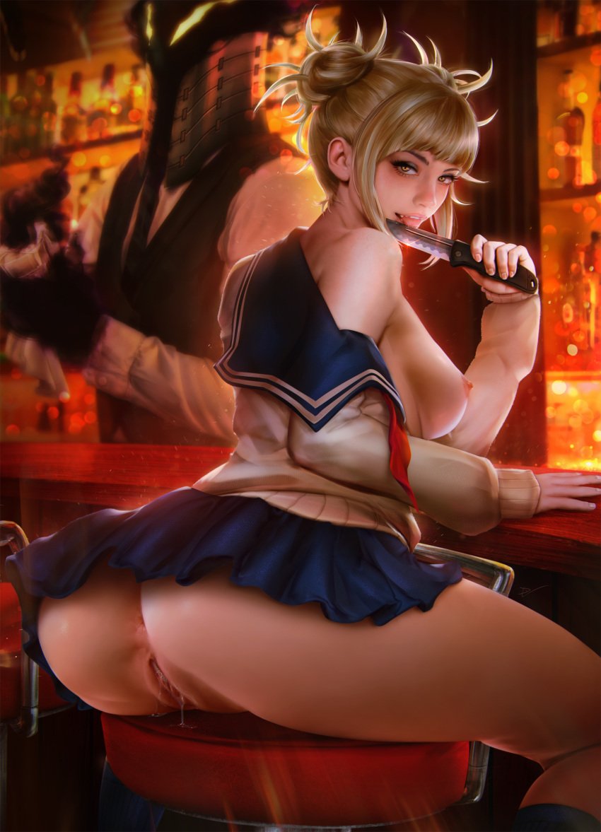 ass barstool blonde_hair breasts demonlorddante himiko_toga knife looking_at_viewer my_hero_academia no_panties pussy pussy_juice realistic school_uniform sitting skirt solo solo_female teeth weapon wet_pussy