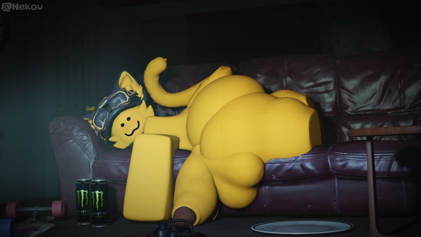 1boy 3d :3 catboy catmaidboyuwu couch femboy gay hyper_penis large_ass large_thighs monster_energy monster_energy_drink roblox robloxian silly_face skateboard source_request tagme tail yellow_fur yellow_skin yellow_tail