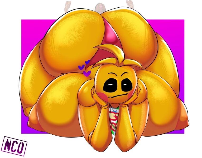 1girls all_fours animatronic anthro behemaid five_nights_at_freddy's five_nights_at_freddy's_2 huge_ass huge_breasts looking_at_viewer resting_on_arms thick_thighs toy_chica_(fnaf) yeehawt0wn