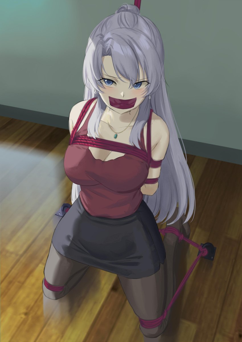 arms_tied_behind_back blue_eyes blush bondage bound_legs cailin020 gag gagged grey_hair himuro_ayame looking_at_viewer rikei_ga_koi tape_gag