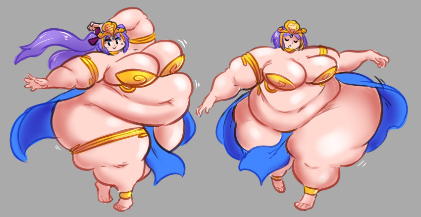 2girls bbw belly_dancer belly_dancer_outfit female gammanaut harem_outfit hi_res highres huge_ass huge_breasts kagami_hiiragi lucky_star metal_bikini multiple_girls obese obese_female purple_hair shantae smooth_skin thick_thighs tsukasa_hiiragi wide_hips