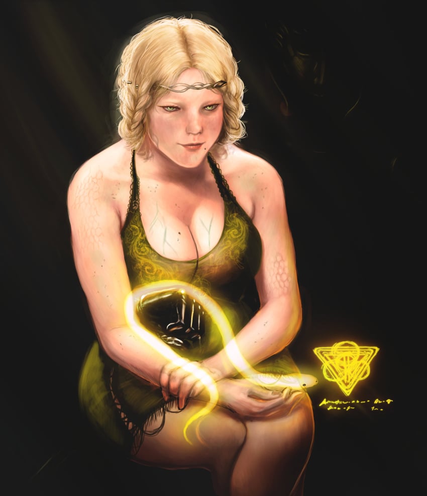 alternate_breast_size art_jaguar big_breasts blonde_hair cleavage dress elden_ring female female_only fromsoftware jaguarart painting_(artwork) rya_(elden_ring) short_dress solo