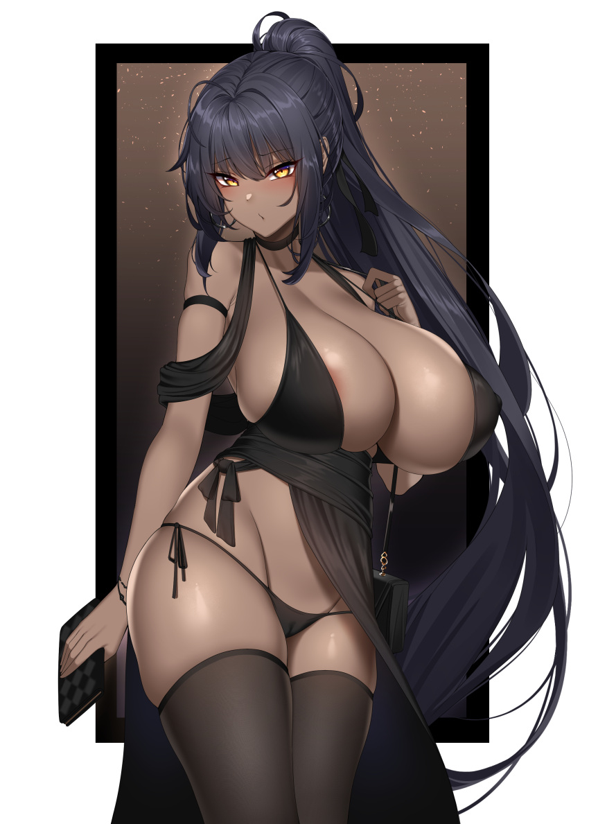 1girls 2022 black_hair blue_archive blush breasts brown_skin chixiao cleavage cleavage_dress dark-skinned_female dark_skin dress female female_only hi_res hips huge_breasts karin_(blue_archive) long_hair looking_at_viewer slim_waist solo thick_thighs thighs wide_hips yellow_eyes