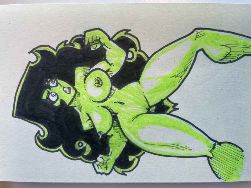 1girls big_breasts breasts drawn erect_nipples female female_only green-skinned_female green_body green_hair green_skin hulk_(series) large_breasts long_hair marvel marvel_comics nipples nude nude_female photo_(medium) pizzalazerbot she-hulk solo traditional_media_(artwork) very_long_hair wide_hips