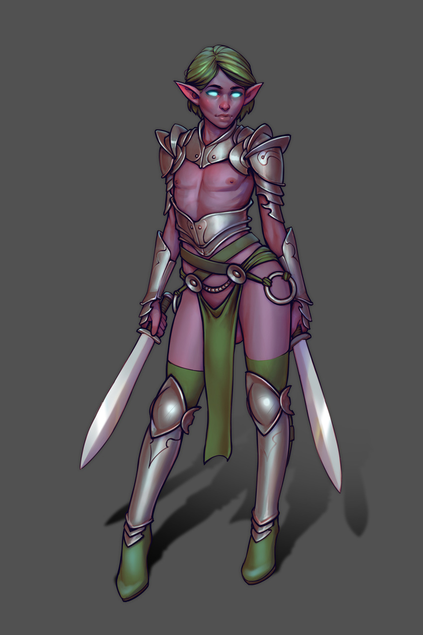 1boy 2:3 armor balls barely_visible_balls barely_visible_genitalia boobsgames clothing dark_elf dual_wielding elf femboy femboy_elf_(warlock_and_boobs) girly glowing glowing_eyes green_hair hair hi_res holding_object holding_weapon loincloth male melee_weapon nipples pointy_ears purple_skin solo sword unconvincing_armor warlock_and_boobs weapon