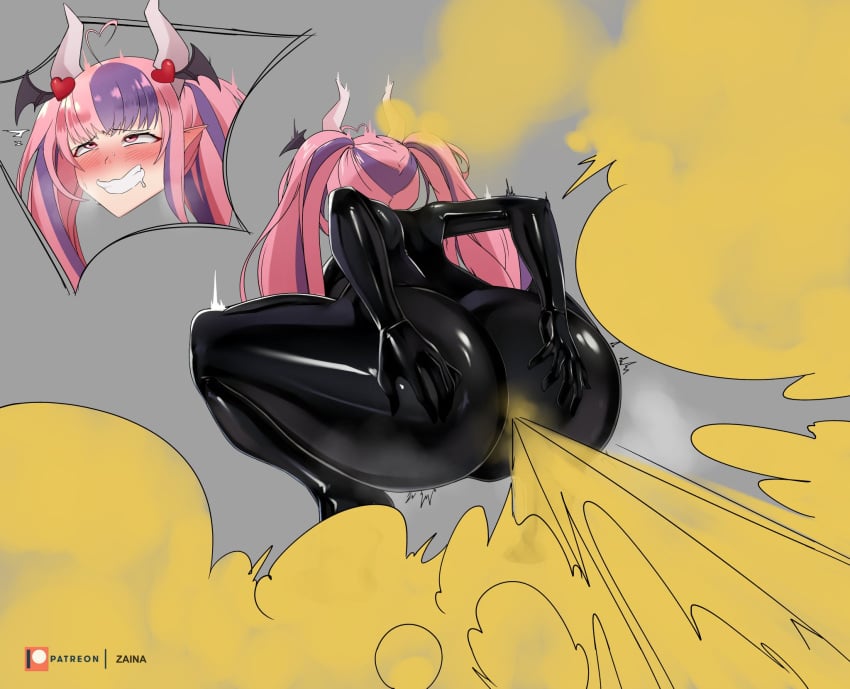 1girls ass blush demon demon_girl demon_horns drooling fart fart_cloud fart_fetish female female_only hair_ornament horns ironmouse latex latina pink_hair purple_hair red_eyes rubber rubber_suit smile twintails virtual_youtuber vshojo zaina_art99