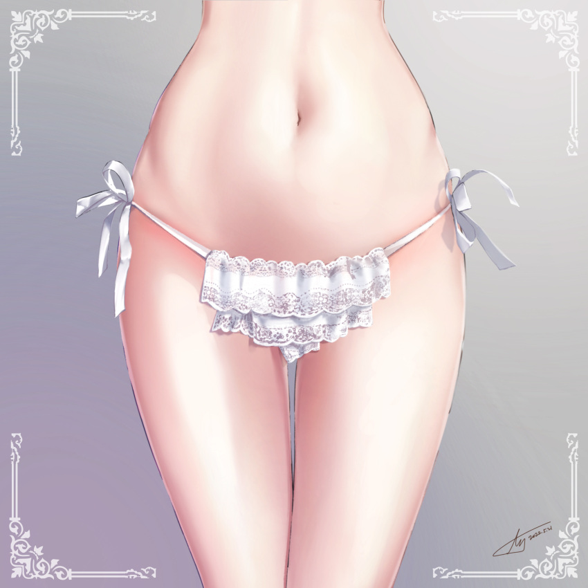 border close-up commentary dated female gradient gradient_background grey_background highres hip_focus lace lace_panties layered_panties legs_together lower_body md5_mismatch narrow_waist navel original panties resolution_mismatch ribbon side-tie_panties signature solo source_larger stomach thigh_gap thighs underwear underwear_only white_border white_panties white_ribbon yanlan_feixue