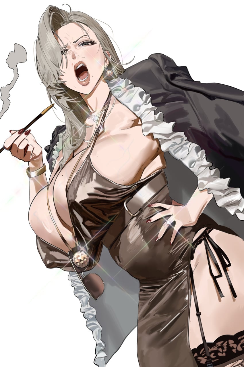 brown_eyes covered_nipples earrings female female_only garters goddess_of_victory:_nikke hair_over_one_eye hand_on_hip hintobento huge_breasts lips long_hair looking_at_viewer mature milf mole_under_mouth mrs._miss_(nikke) necklace simple_background smoking_pipe sunglasses veiny_breasts white_hair