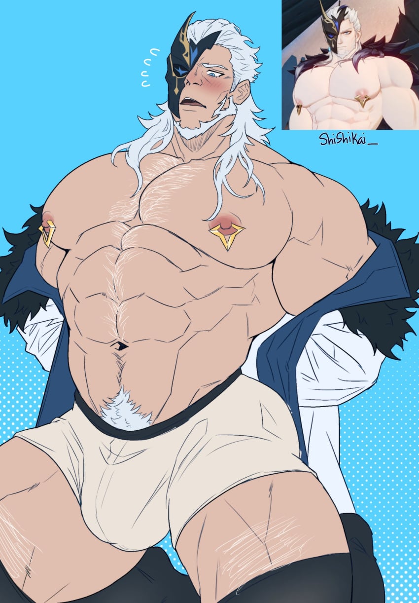 abs bara biceps big_bulge blue_eyes bulge daddy dilf genshin_impact male male_nipples male_only manly mask mature_male muscular_male nipples pecs penis_outline pierro_(genshin_impact) underwear white_hair