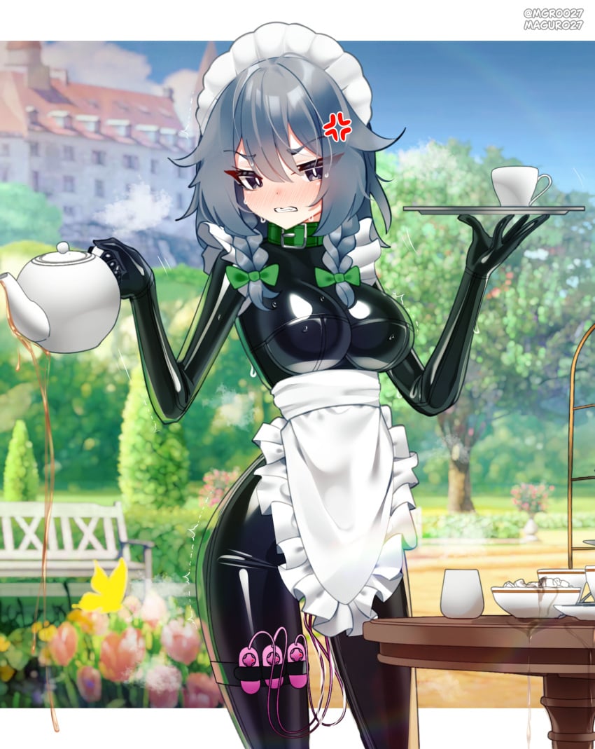 1girl alternate_costume anger_vein angry animal_collar apron blurry blush bodysuit bow braid breasts bright_pupils building clenched_teeth collar commentary_request cup depth_of_field female green_bow green_collar grey_eyes grey_hair hair_bow highres holding holding_teapot holding_tray izayoi_sakuya large_breasts latex latex_bodysuit latex_clothing long_hair looking_at_viewer maguro27 maid maid_headdress rubber rubber_clothing sex_toy shiny_clothes skin_tight solo sweat table tea teacup teapot teeth thigh_strap tight_clothing touhou tray tree twin_braids vibrator vibrator_cord vibrator_in_thigh_strap waist_apron white_apron white_pupils