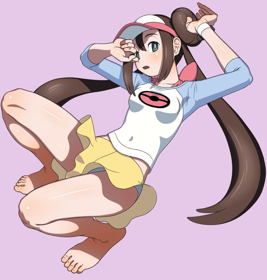 1girls brown_hair bun_hair digital_drawing_(artwork) digital_media_(artwork) feet female_pokemon_protagonist game_freak headgear legs long_hair long_sleeves looking_at_viewer nintendo panties pokemon pokemon_bw2 pokemon_protagonist purple_background rosa_(pokemon) skirt squint tsuwitchii84 visor visor_cap yellow_skirt