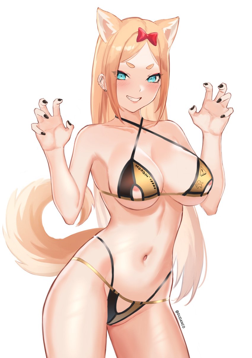 absurdres animal_ears areola_slip bikini black_bikini blonde_hair blue_eyes blush bow breasts claw_pose cleavage clothing_cutout cowboy_shot earrings female fox_ears fox_girl fox_tail fran_(gudanco_(nyanmeowzer)) golden_bikini grin gudanco_(nyanmeowzer) hairbow highres jewelry large_breasts long_hair looking_at_viewer nail_polish navel original red_bow simple_background smile solo string_bikini swimsuit tail thick_eyebrows thong white_background