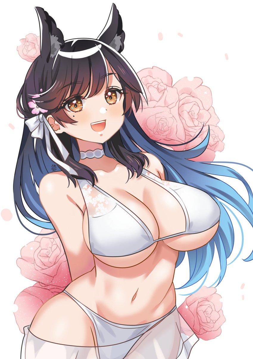 1girls absurdres animal_ears atago_(azur_lane) atago_(summer_march)_(azur_lane) azur_lane bangs bikini black_hair bow breasts casual_one-piece_swimsuit choker cowboy_shot criss-cross_halter dog_ears extra_ears female flower fox_ears hair_flower hair_ornament halterneck highres large_breasts light-skinned_female light_skin long_hair maroonabyss mole mole_under_eye one-piece_swimsuit ribbon sakura_empire_(azur_lane) sarong smile solo swept_bangs swimsuit white_bikini white_bow white_choker white_ribbon white_sarong white_swimsuit