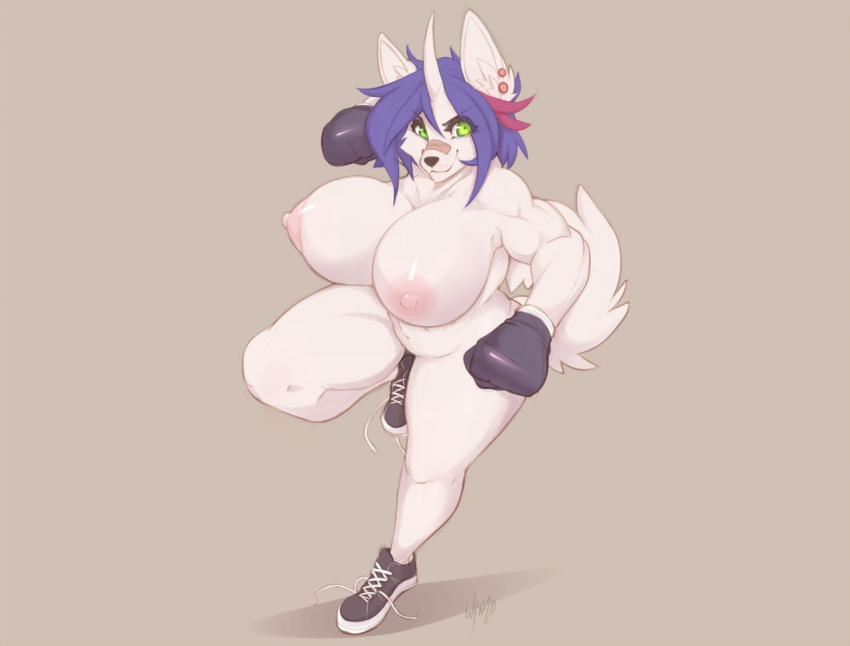 action_pose anthro areola band-aid band-aid_on_nose bandage biceps big_areola big_breasts big_nipples biped black_nose blue_hair boxing_gloves boxing_gloves_only breasts canid canine clothing conditional_dnp curled_tail digital_media_(artwork) ear_piercing female fluffy fluffy_tail footwear footwear_only full-length_portrait fur green_eyes grey_background hair handwear handwear_only horn huge_breasts hybrid inner_ear_fluff lips looking_at_viewer mammal mostly_nude multicolored_hair muscular muscular_anthro muscular_female naked_footwear navel nipples on_one_leg piercing pink_areola pink_hair pink_nipples pinup portrait pose shoelaces shoelaces_untied shoes shoes_only short_hair signature simple_background smile sneakers snout solo standing thick_thighs tomboy tuft two_tone_hair white_body white_fur white_horn white_tail wide_hips wynter wyntersun