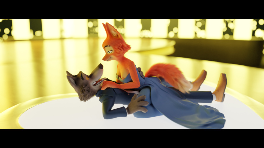 3d_(artwork) anthro canid canine canis clothed clothing cowgirl_position diane_foxington digital_media_(artwork) dreamworks dress duo female fox from_front_position fur hi_res male male/female mammal mr._wolf_(the_bad_guys) nipple_piercing nipple_slip nipples on_bottom on_top ornateraven piercing sex suit the_bad_guys wolf