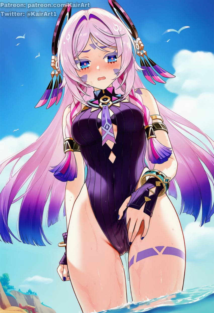 1girls absurd_res absurdres accurate_art_style ai_generated artist_name beach blue_eyes blush blushing boobs breasts citlali_(genshin_impact) detailed_background dripping female female_focus female_only from_below full_body genshin_impact hi_res high_quality high_resolution highres kairart low-angle_view navel patreon patreon_url patreon_username pink_hair purple_hair pussy_juice sexy_pose shy sitting sky small_breasts solo solo_female solo_focus swimsuit swimwear tattoo thick_thighs thighs twitter_username water wet wet_body wet_pussy