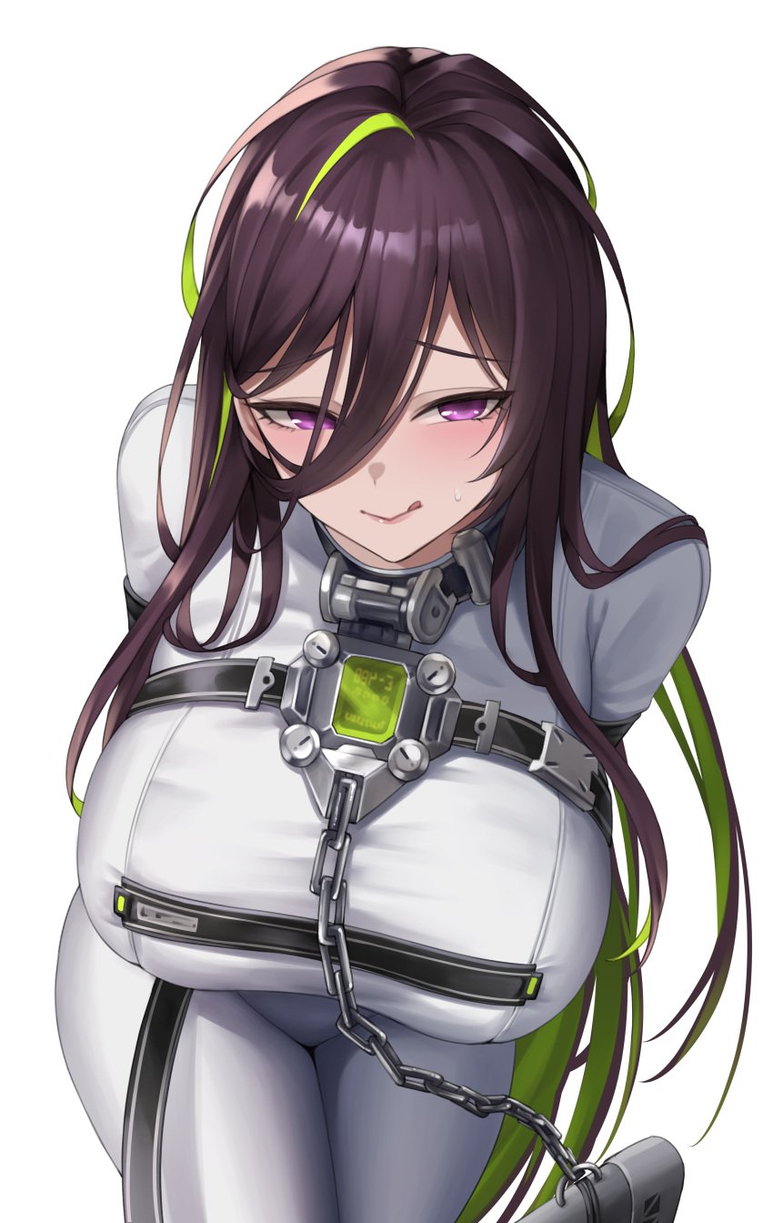 1girls big_breasts black_hair bodysuit bondage breasts chains collar female goddess_of_victory:_nikke green_hair guilty_(nikke) hi_res kuronerinka long_hair looking_at_viewer purple_eyes restrained restraints skin_tight smile solo straitjacket straps sweat sweatdrop thick_thighs thighs tight_clothing tongue_out two_tone_hair