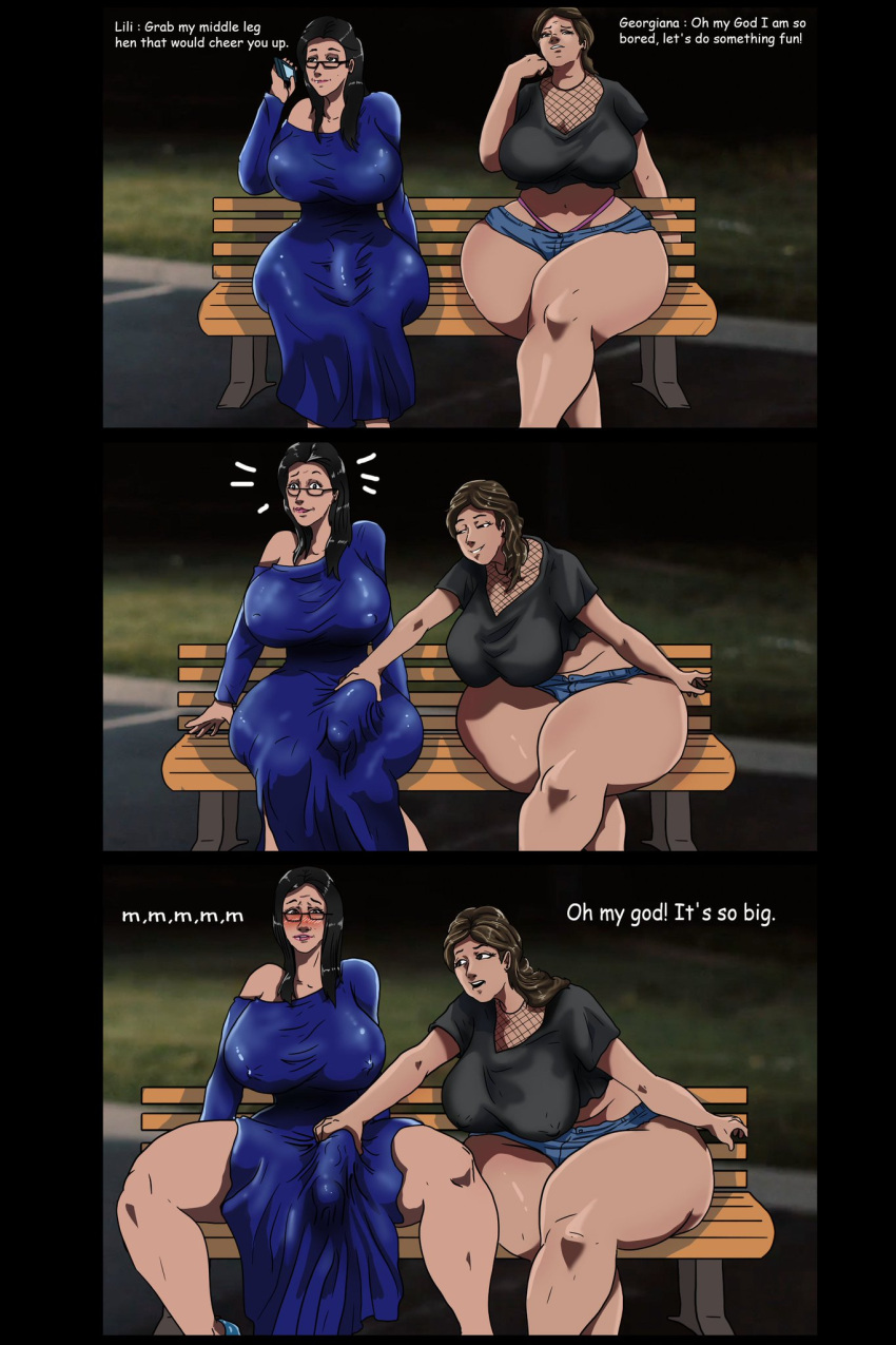 2futas areolae bench big_ass big_breasts big_butt big_penis bimbo black_hair black_high_heels blue_dress bulge bulge_through_clothing chubby dialog dialogue erection flaccid flaccid_penis futa_on_futa futa_only futanari futanari/futanari glasses grabbing_penis grass high_heels highres horny ikubatt looking_at_partner looking_at_penis mesh_shirt nipple_bulge open_mouth pale-skinned_futanari park real_person short_hair short_pants sitting_on_bench slim talking_on_phone teen teenager thick_ass thick_penis thick_thighs toned_futa toned_legs uncomfortable white_body white_skin