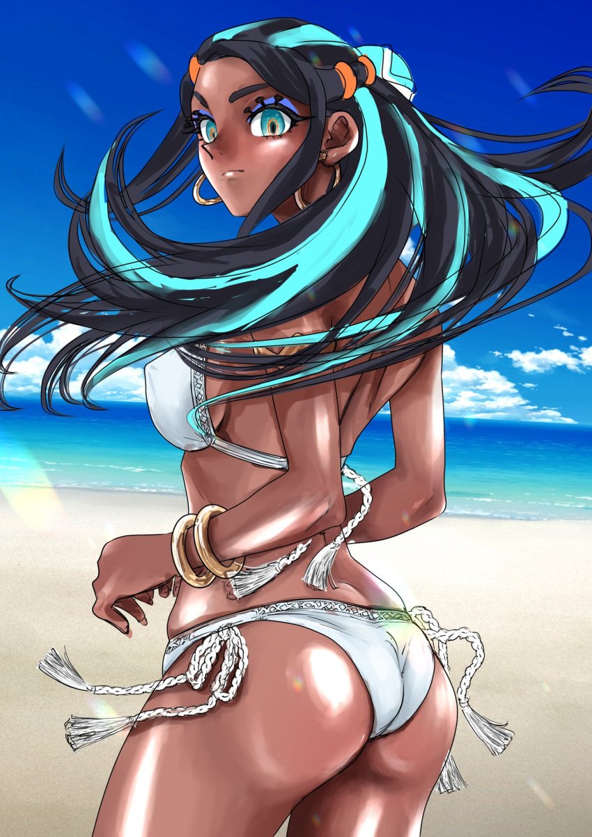 1girls beach big_breasts bikini blue_eyes breasts cleavage cloud dark-skinned_female dark_skin earrings female female_only humberbarding jewelry large_breasts long_hair looking_at_viewer navel nessa_(pokemon) nintendo outdoors pokemon pokemon_ss sky solo thighs white_bikini wide_hips