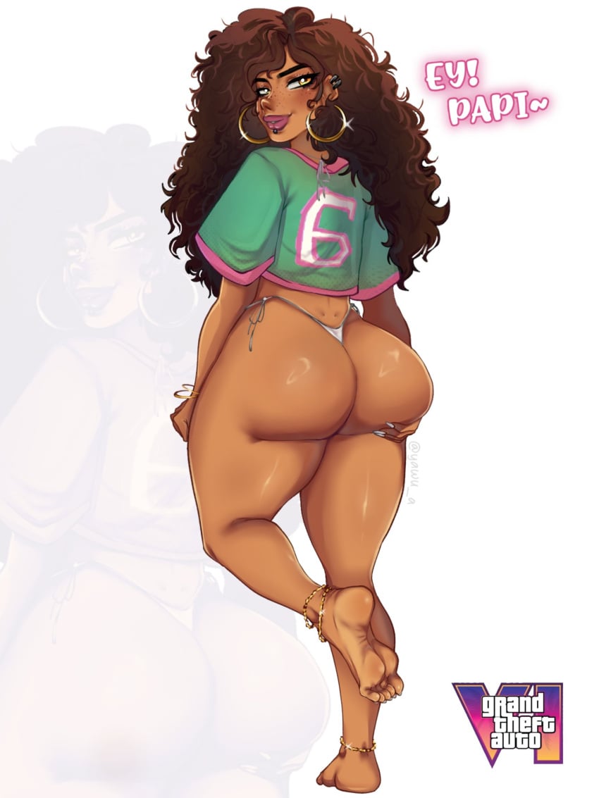 1girls anklet ass ass_focus ass_grab ass_support back back_view bare_calves barefoot big_ass big_butt bikini brown-skinned_female brown_hair brown_skin bubble_ass bubble_butt calves crop_top curvaceous curvy curvy_female curvy_figure dark-skinned_female dark_skin dialogue earrings fat_ass feet female female_focus female_only freckled_face freckled_skin freckles freckles_on_face glistening glistening_body glistening_butt glistening_skin grab grabbing grabbing_ass grabbing_own_ass grand_theft_auto grand_theft_auto_vi gta_vi_cover_girl hoop_earrings huge_ass huge_butt large_ass long_hair looking_back midriff_baring_shirt pose pose_imitation posing rear_view reference rockstar_games shiny shiny_ass shiny_butt shiny_skin simple_background soles solo solo_female solo_focus standing_on_one_leg tagme text thick_ass thick_thighs thighs thong thong_bikini trend voluptuous voluptuous_female white_background white_bikini yawuarts yellow_eyes