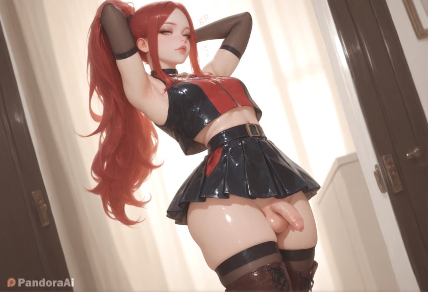 1boy 1femboy absurd_res ai_generated armpits arms_behind_head arms_up artist_name artist_upload belt black_skirt black_thighhighs boots breasts choker crop_top crossdressing dutch_angle elbow_gloves femboy femboy_focus feminine_male flaccid gay gloves hi_res indoors lips long_hair looking_at_viewer makeup more_at_source pandora patreon patreon_username penis pleated_skirt ponytail red_hair red_lips self_upload skindentation skirt sleeveless small_breasts solo testicles thigh_boots thighhighs thighhighs_under_boots transgender uncensored watermark