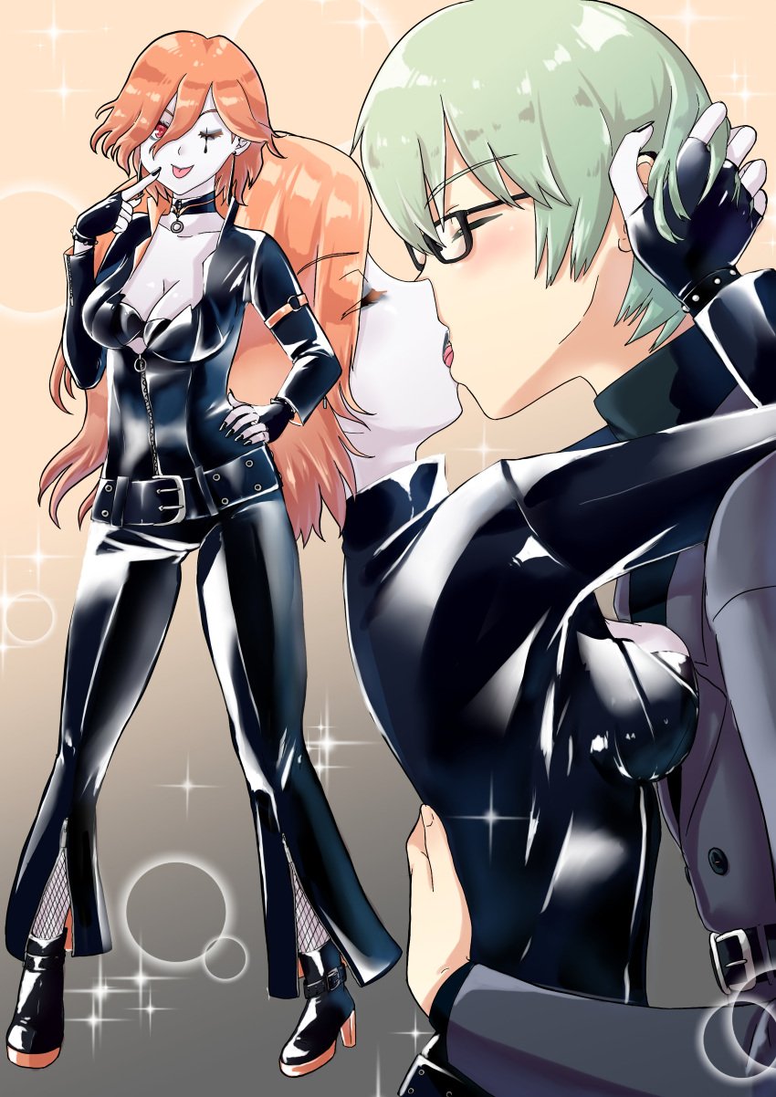 1boy 1girls :p bangs belt big_breasts biker_clothes biker_girl black_lipstick black_nails blush breast_press byleth_(fire_emblem) byleth_(fire_emblem)_(male) choker cleavage couple cute embrace embracing female fingerless_gloves fire_emblem fire_emblem:_three_houses french_kiss glasses goth goth_girl green_hair hands_on_back hands_on_head hi_res high_heels kiss kissing kronya_(fire_emblem) makeup male nintendo onikagura_(artist) open_jacket orange_hair pale_skin pants passionate_kiss red_eyes short_hair source_request source_smaller sparkles straight tongue_out trousers wholesome wide_hips zipper