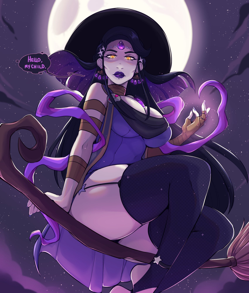 1girls 2020 black_hair broom chikkibug english_text female female_only forehead_jewel full_moon hades_(game) halloween hi_res legwear long_hair looking_at_viewer mom mommy mommy_kink mother narrowed_eyes night_sky nyx_(hades) pale-skinned_female pale_skin purple_lipstick riding_broom solo solo_female speech_bubble starry_sky stirrup_legwear talking_to_viewer thick_thighs toeless_legwear witch_broom witch_hat yellow_eyes