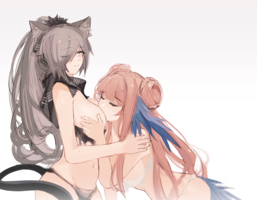 2girls ;( absurdres animal_ears arknights bangs bird_girl bird_tail black_bra black_panties blunt_bangs bra bra_pull breast_grab breast_smother breasts brown_hair cat_ears cat_girl cat_tail ceylon_(arknights) closed_mouth clothes_pull commentary english_commentary eyebrows_visible_through_hair face_to_breasts feather_hair female grabbing hand_on_another's_shoulder highres l.v.c. large_breasts leaning_forward long_hair looking_at_another looking_down medium_breasts multiple_girls navel one_eye_closed panties pink_hair ponytail schwarz_(arknights) sideboob simple_background tail underwear underwear_only very_long_hair white_background white_bra white_panties yellow_eyes yuri