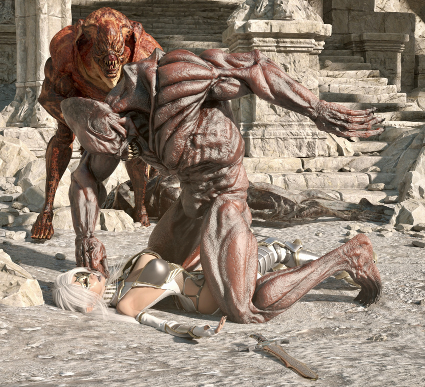 1girls 3d abuse armor blood defeated demon elenora elf elf_ears female fight fighting hourglass_figure male male/female monster orange_eyes original_character pointy_ears punch sharp_teeth size_difference stab sword that3dartist white_hair