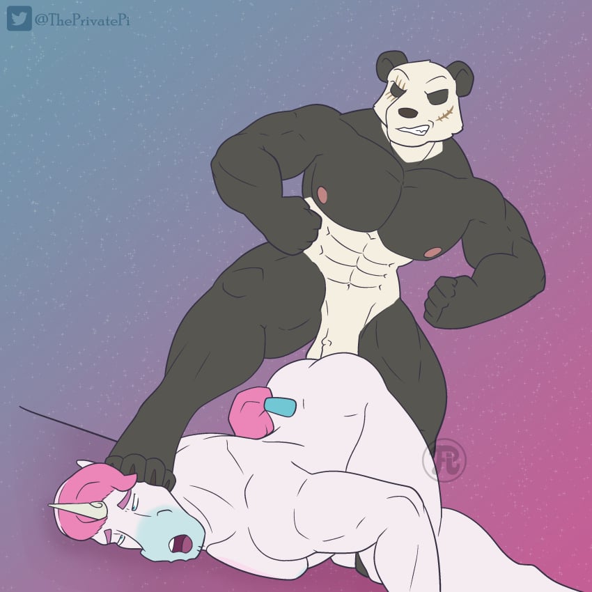 abs absurd_res anal anal_sex anthro beastars biceps big_muscles black_body black_fur digital_media_(artwork) dominant dominant_male duo equid equine erection flexing fur gaint_panda gay genitals giant_panda gouhin hair hi_res horn male male/male male_penetrated male_penetrating male_penetrating_male mammal muscular muscular_anthro muscular_male nipples nude open_mouth pecs penetration penis pink_hair scar sex simple_background standing submissive submissive_male under_foot unibro_pi unibro_pi_(character) unicorn ursid ursine white_body white_fur