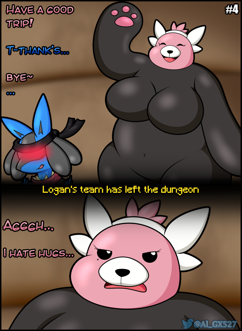 age_difference al_gx bewear big_breasts blue_body blush breasts cave delivery_(commerce) dialogue embrace furry illusion lucario mature_female nintendo page_4 pink_body plant pokemon pokemon_(species) scarf size_difference text video_games