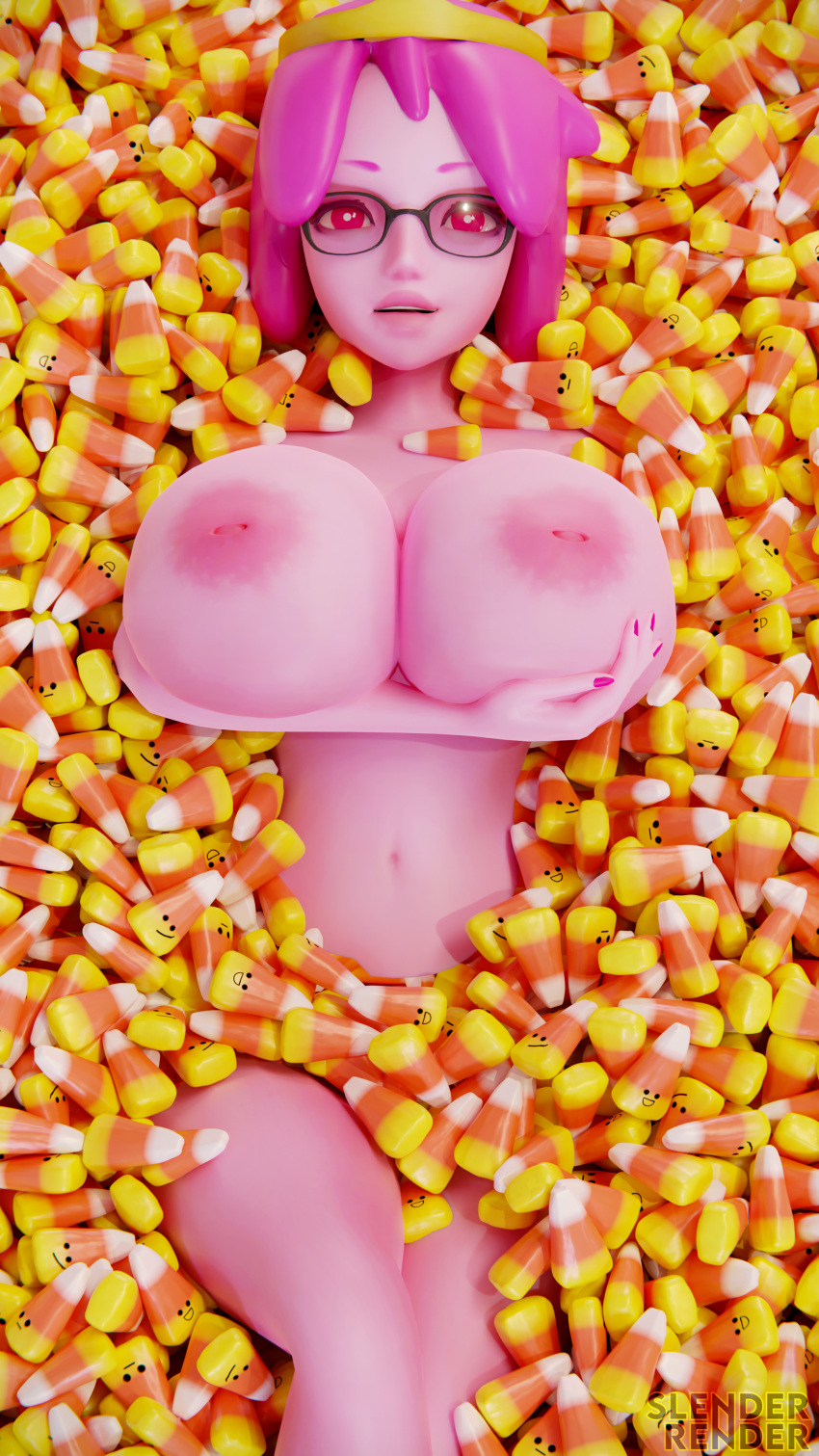 1girls 3d 3d_(artwork) absurd_res adventure_time bathtub big_breasts blender breasts candy candy_corn cartoon_network crown female female_focus glasses holding_breast inverted_nipples long_hair nipples nude pink_hair pink_skin pinup pinup_pose presenting_breasts princess_bubblegum slenderrender smile solo solo_female thick_thighs