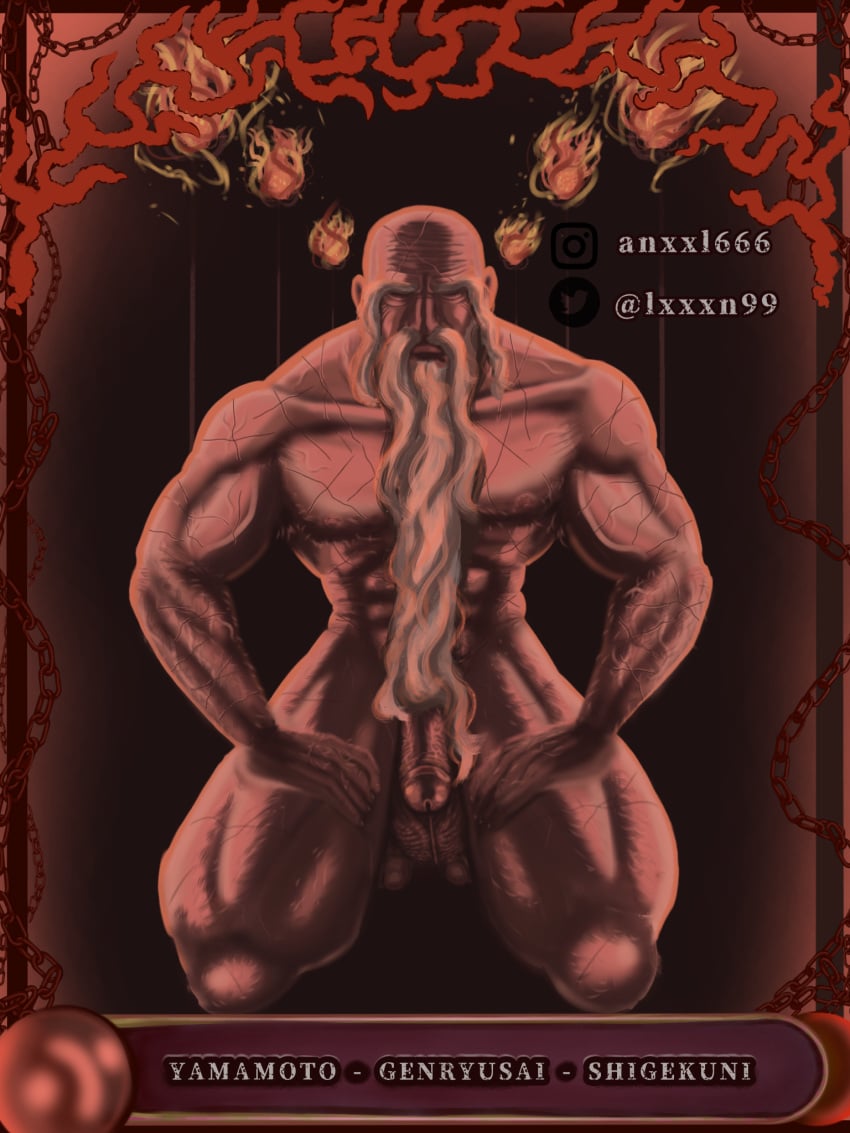 bald balls bara beard big bleach chains cock daddy dick fanart fire gay huge lxxxn99 mature_male muscle older_male on_knees penis precum scar testicles yamamoto-genryuusai_shigekuni