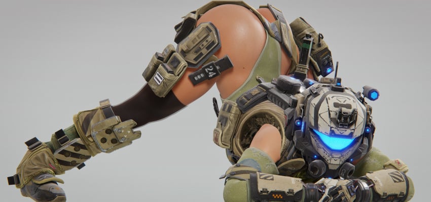 armor arms_in_front beauty_mark covered_face female female_soldier flexible helmet hidden_face jack-o_pose llamasarepink mask meme military pilot_(titanfall) pulse_blade_pilot swimsuit tactical_gear titanfall titanfall_2