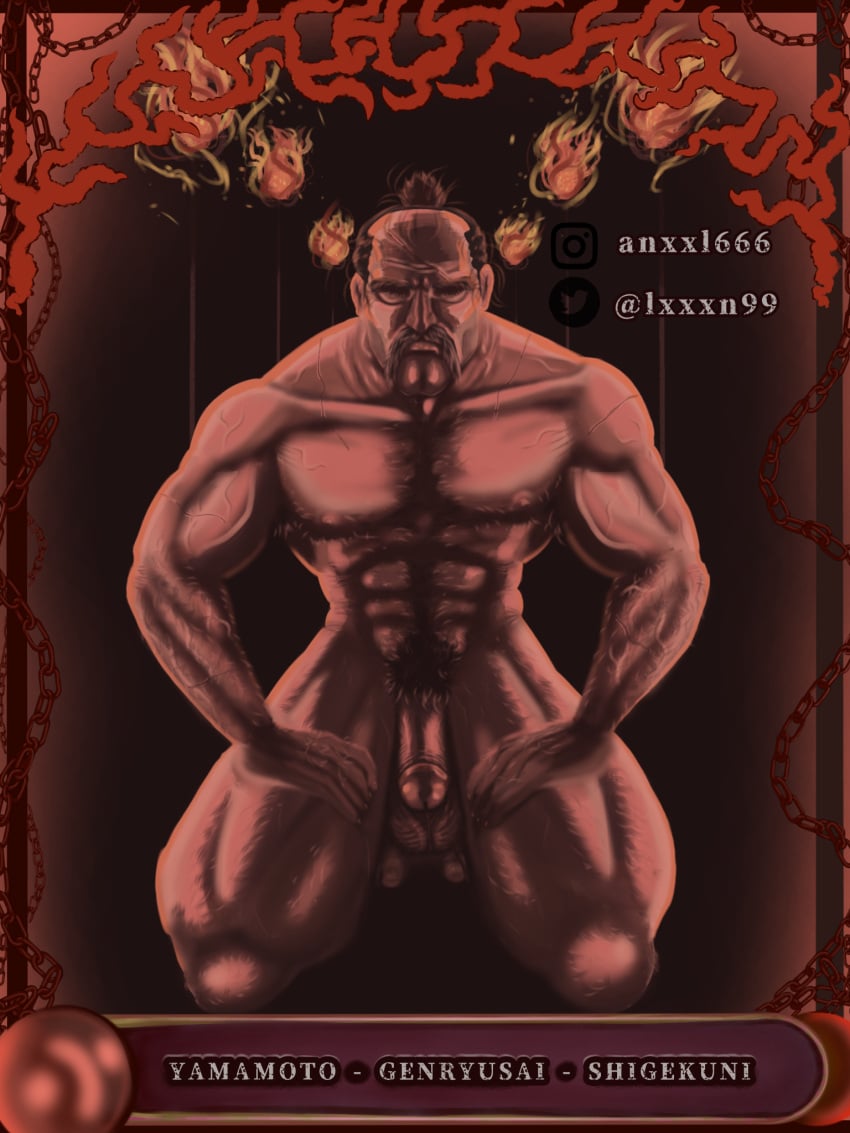 bald balls bara beard big bleach chains cock daddy dick fanart fire gay huge lxxxn99 mature_male moustache muscle older_male on_knees penis pubic_hair scar testicles yamamoto-genryuusai_shigekuni