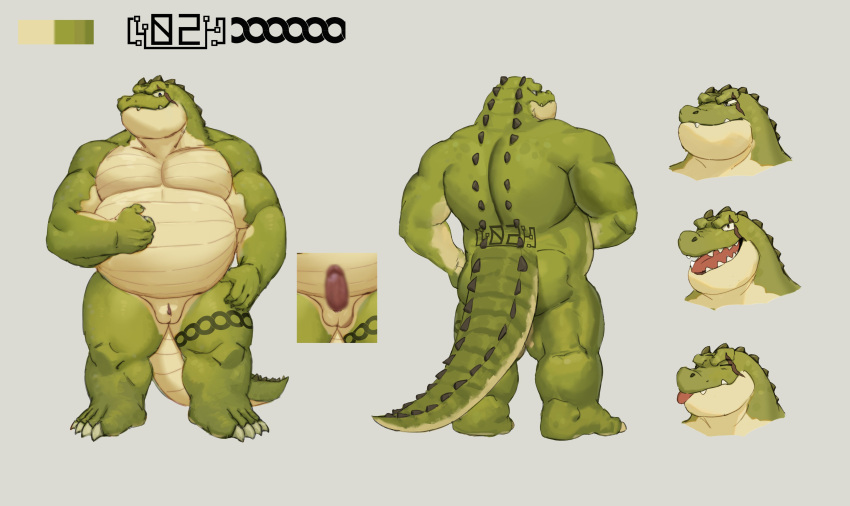 2021 absurd_res anthro belly big_belly censored closed_eyes crocodile crocodilian crocodylid erection genitals green_body hi_res humanoid_hands kemono male model_sheet musclegut overweight overweight_male penis qigiu reptile scalie scar slit solo tongue tongue_out