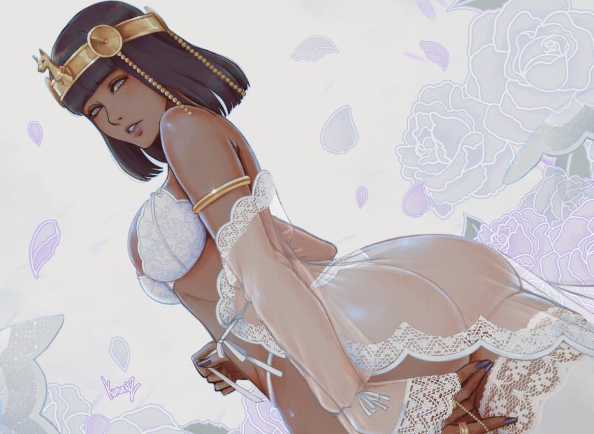 1girls ass big_ass big_breasts blue_eyes blunt_bangs bob_cut breasts capcom cleavage curvy dark-skinned_female dat_ass egyptian huge_ass kumanzart large_ass large_breasts lipstick menat solo solo_female street_fighter street_fighter_v wedding_dress