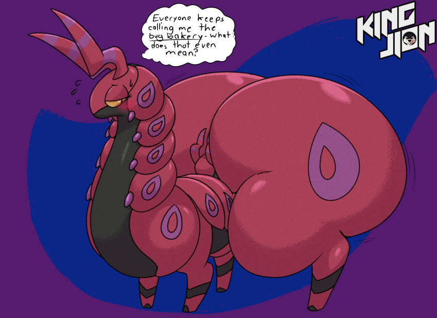 all_fours ambiguous_gender antennae_(anatomy) ass big_butt blush bodily_fluids embarrassed english_text feral half-closed_eyes hi_res huge_ass huge_butt huge_hips huge_thighs hyper hyper_butt hyper_hips hyper_thighs kingfurryjion looking_back multicolored_body narrowed_eyes nintendo pokémon_(species) pokemon question_mark scolipede solo sweat text thick_thighs thought_bubble video_games wide_hips