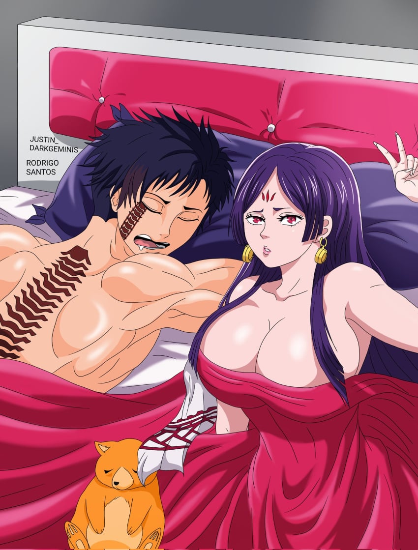 1boy 1girls after_sex big_breasts black_hair crossover curvaceous curvy curvy_female curvy_figure female first_porn_of_character huge_breasts in_bed justin_darkgeminis long_hair looking_at_viewer lying_on_bed majo_taisen purple_hair qin_shi_huang_(shuumatsu_no_valkyrie) red_eyes shuumatsu_no_valkyrie sleep tagme tattoo_on_back v wu_zetian_(majo_taisen)