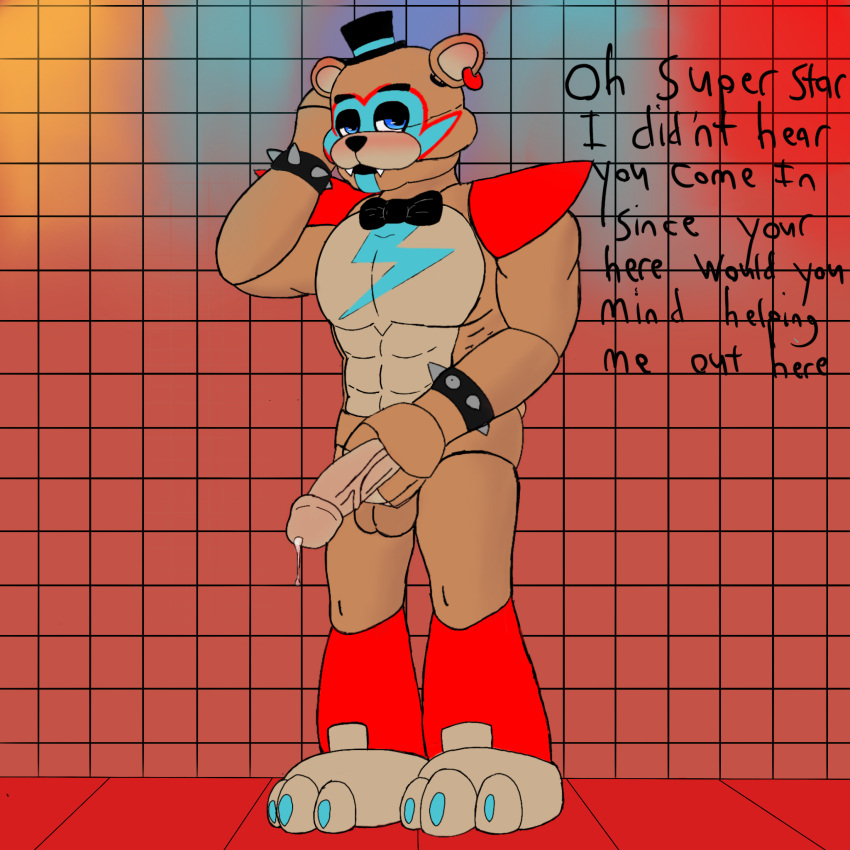 anthro bara bodily_fluids five_nights_at_freddy's five_nights_at_freddy's:_security_breach freddy_(fnaf) genital_fluids genitals glamrock_freddy_(fnaf) hedgehogblue02 hi_res male male_only mammal penis precum scottgames ursid video_games